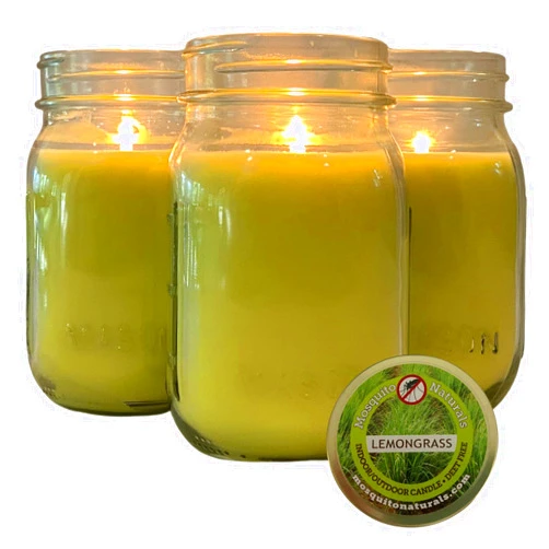Mosquito Naturals Lemongrass Candles with Essential Oils (Set of 3) for Patio, Deck, Outdoor or Indoor Use - 88 Hour Burn - All Natural, Soy Base - Mason Jar with Lid, Made in USA (Lemongrass)
