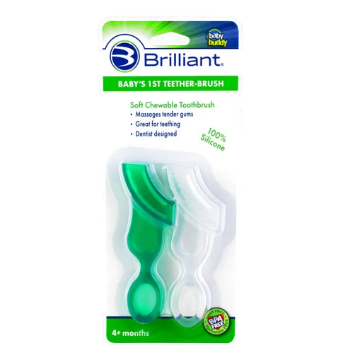 Brilliant Oral Care Baby’s First Toothbrush, Smooth Silicone Bristles Gently Clean Tender Teeth and Gums, for Ages 4+ Months, Green + Clear, 2 Pack