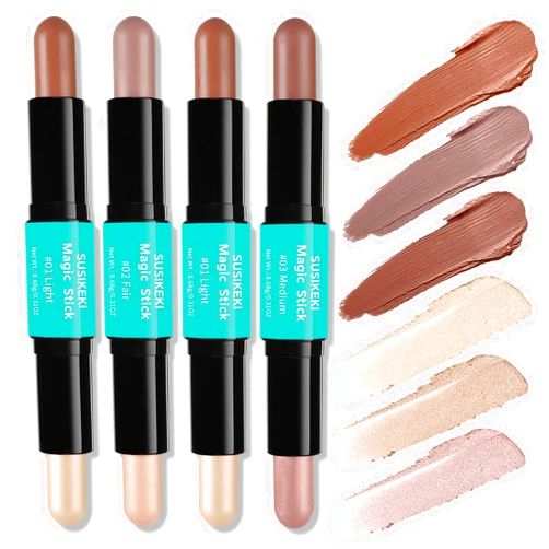 SUSIKEKI Contour Stick, 4Pcs Dual-Ended Highlighter Makeup Pen & Contouring Stick for Face Shaping, Long Lasting Waterproof Cream Bronzer & Highlight Sticks Make Up Kit for All Skin Tones(Set A+Set B)