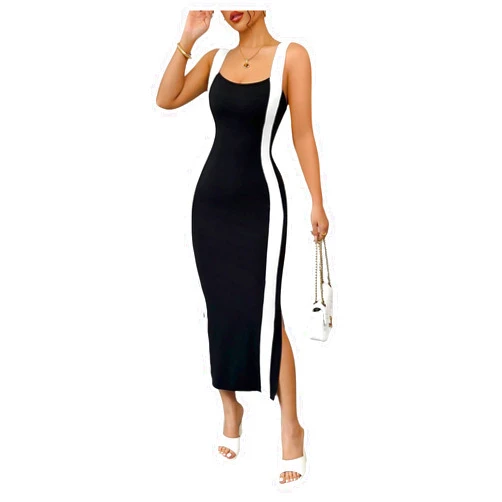 SOLY HUX Women's Bodycon Midi Dress Color Block Scoop Neck Sleeveless Split Hem Elegant Tank Dresses
