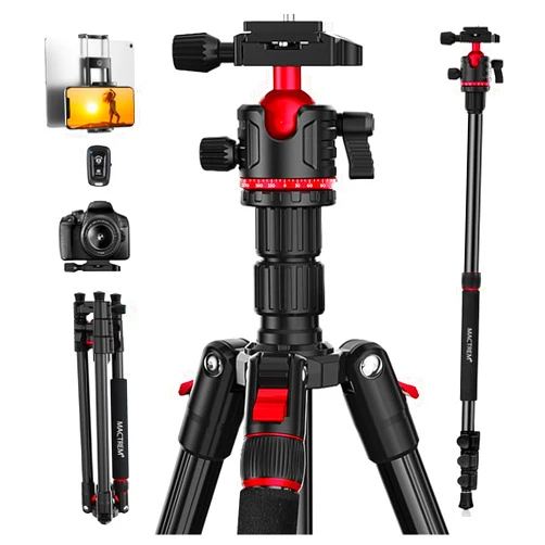 MACTREM Camera Tripod, 74 inch/187cm Aluminum Travel Tripod & Monopod with 360°Ball Head, Lightweight Tripod for Smartphone iPad Canon Nikon Sony Binoculars Laser Level Telescope