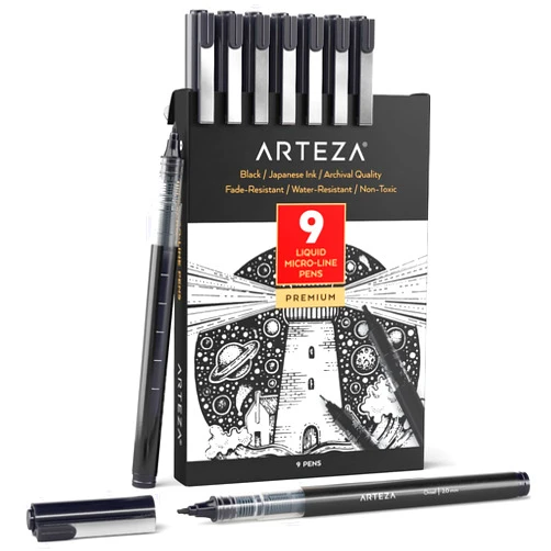 ARTEZA Micro-Line Ink Pens, Set of 9, Black Fineliners with Japanese Archival Ink, Art Supplies for Comic Artists and Illustrators