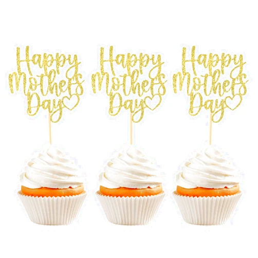 Hengmerry 36 Pcs Gold Happy Mothers Day Cupcake Toppers with Glitter Heart Best Mom Cupcake Picks for Mother's Day Party Decorations