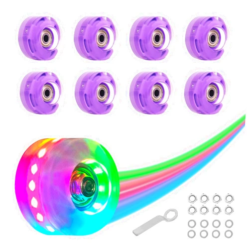 Nattork 8 Pack 82A Light up Roller Skate Wheels 54 * 32mm with Bearings Installed Luminous Quad Light Up Wheels Skating Accessories For Double Row Skates Outdoor And Indoor Use (Purple)