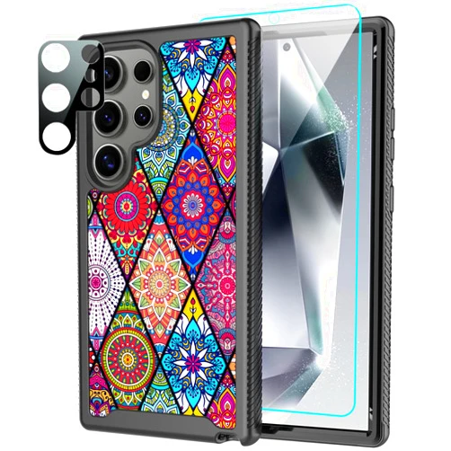 LEXNEC Design for Samsung Galaxy S24 Ultra Case with [1 Pack] Soft TPU Screen Protector & Camera Lens Protector,Full Body Slim Shockproof Protective Case for Galaxy S24 Ultra (2024)[Colorful Mandala]