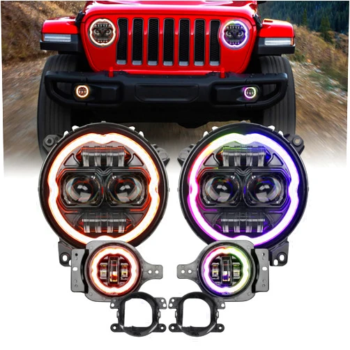 OPP ULITE Dream Chasing Color Halo JL Led Headlights 9inch Built-in Canbus, Amber Turn Signal Light, 2 Brackets 4inch Fog Lights for Jeep Wrangler JL Headlight Sahara Rubicon Gladiator JT 2018-2023
