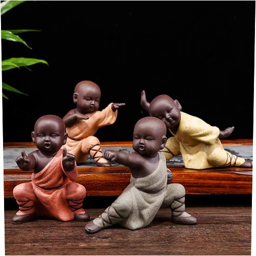 Kingzhuo Chinese Kung Fu Monk Figurines for Home Decor Housewarming Gift, Adorable Figurines Cute Buddha Statue Tabletop Display Living Room Bedroom Ornaments Decorative Accessories, Set of 4 (A)