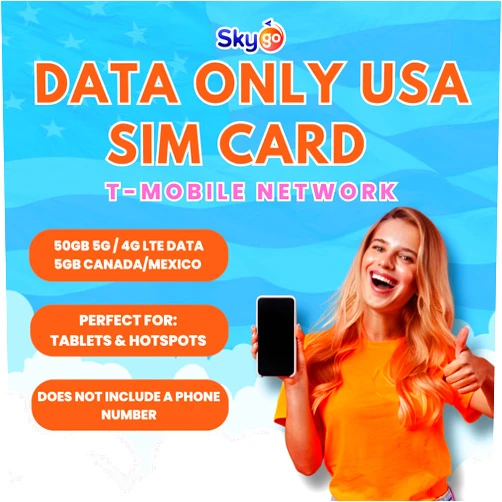 SkyGo USA Prepaid SIM Card (T-Mobile Network) | Data ONLY | NO Phone Number | Works with Tablets, Hotspots, Routers, Cameras (50GB 1 Month)