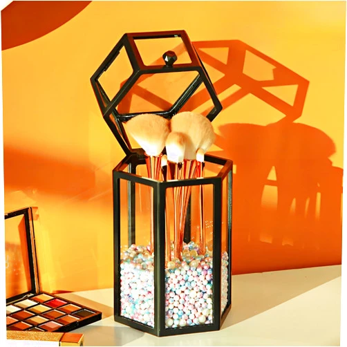 Wanwanzi Makeup Brush Holder with Lid, Vintage Glass Makeup Brush Organizer Storage Box with Colorful Pearls for Vanity Dresser - Ideal for Eyebrow Pencils, Eyeliners, and More （Black, Hexagonal）