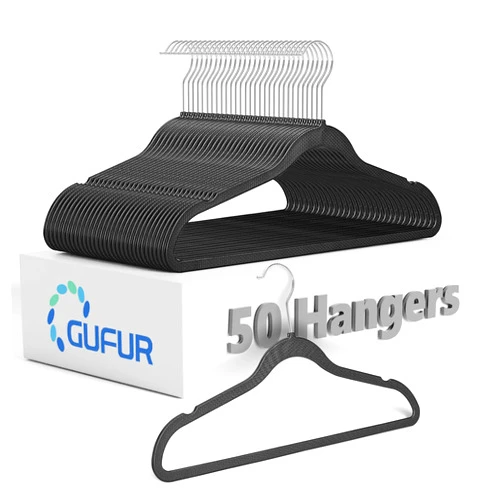 GUFUR Plastic Coat Hangers 50 Pack - Space Saving Ultra Thin Non-Velvet Clothes Hangers with 360°Rotating Hook - Heavy Duty Black Pant Hangers for Suits and Pants by GUFUR