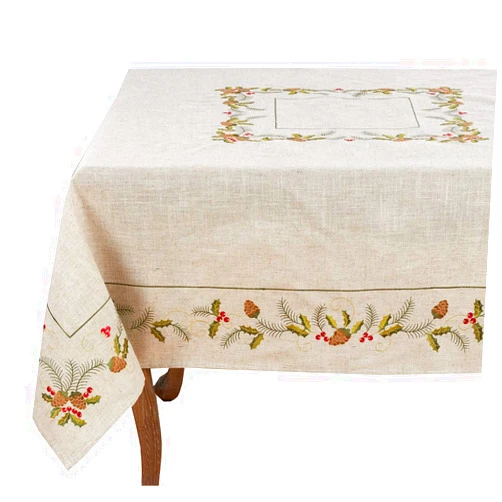 Fennco Styles Holiday Embroidered Pinecone and Holly Poly-Linen Natural Tablecloth, 67