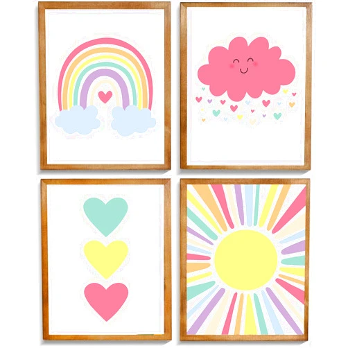 ZHAXFA Pink Nursery Canvas Wall Art Rainbow Art Poster,Boho Rainbow Sun Hearts Canvas Wall Art,Kids Bedroom Baby Girls Toddler Pastel Wall Print for Classroom School Nursery Decor Set of 4(8x10Unframed