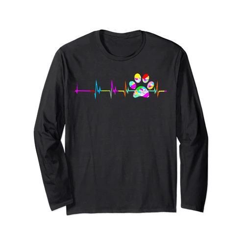 Paw Dog Lovers Gift Shirt for All Family Dog Paw Print Heartbeat Shirt Women Girls Mom Love Dogs Long Sleeve T-Shirt