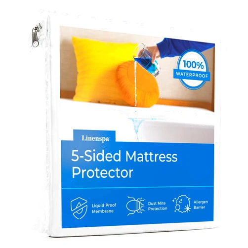 Linenspa 5-Sided Waterproof Mattress Protector – Breathable, Fitted Sheet Style, Machine Washable – Twin Size Mattress Protector, White