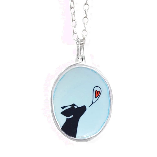 Mark Poulin Sterling Silver and Enamel Black Dog Charm Necklace - Dog Kiss Jewelry