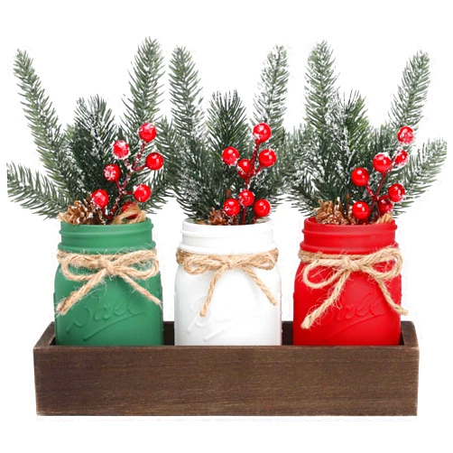 SUPREME LIGHTS ·2017· Christmas Mason Jars, Christmas Centerpieces for Tables, Wood Tray & 3 Painted Decorative Jars, Christmas Table Centerpieces Decoration, Farmhouse Dining Table Kitchen Decorations Home Decor
