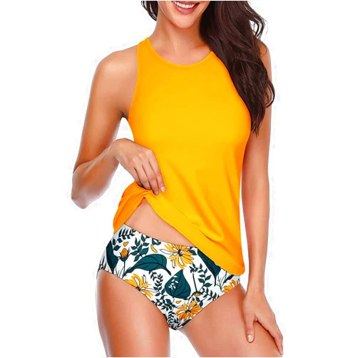 Holipick Women Yellow Tankini Swimsuits High Neck Swim Tank Tops Tummy Control Two Piece Bathing Suits Halter Swimwear S
