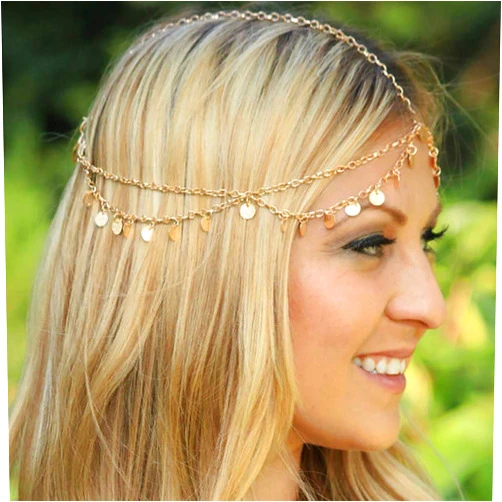 Yizaca Boho Head Chain Gold Sequins Hair Chain Tassel Headpieces Jewelry for Women and Girls