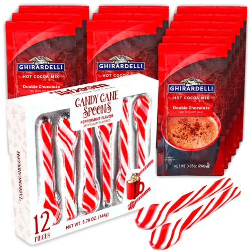 Taboom 12 Candy Cane Spoons Bundled with 12 Double Chocolate Premium Hot Cocoa Packets - Festive Energy-Boosting Hot Chocolate for Christmas