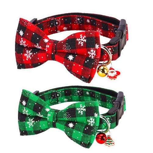 FLOERVE 2 Sets Christmas Dog Collars with Bows, Buffalo Plaid Snowflake Dog Christmas Collars with Bells and Christmas Tree Santa, Dog for Small Dogs(Small)