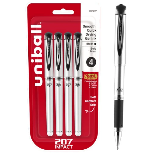 uni-ball Signo 207 Impact Stick Gel Pen, 4 Black Pens, 1.0mm Bold Point Gel Pens, Smooth Writing, Archival-Quality Ink, Acid-Free, Superior Comfort
