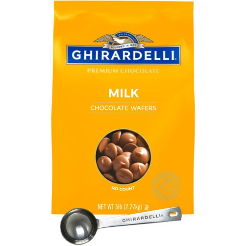 Ghirardelli Milk Chocolate Wafers, 120 count per lb, 5lb Bag with Ghirardelli Stamped Barista Spoon
