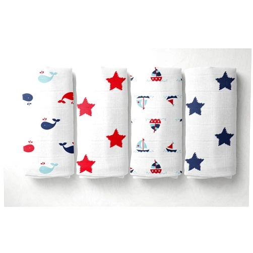 Bacati Set of 4 Little Sailor Muslin Swaddling Blankets, Blue/Red