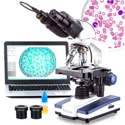 AmScope B120 Series Student & Professional LED Binocular Compound Microscope - 40X-2500X Magnification - Includes 5MP USB Camera & Siedentopf Head