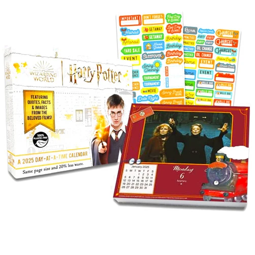 Harry Potter Calendar 2025 - Deluxe 2025 Harry Potter Day-at-a-Time Box Calendar Bundle with Over 100 Calendar Reminder Stickers (Muggle Gifts, Office Supplies)