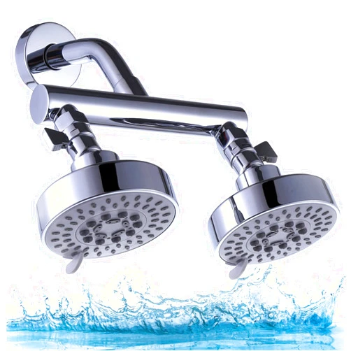 AZOS Dual Shower Head with Shower Head Shut-Off Valve and Shower Arm Set Solid Brass Double Outlet Manifold 2 Fixed Shower Head Combo High Pressure 5 Function Shower Head Combo Kits, Chrome