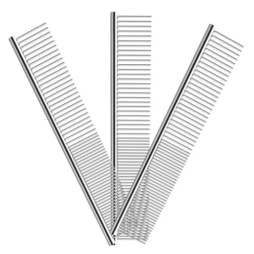 Elfirly 3 Pack Dog Combs for Grooming Matting, Metal Cat Comb with Round Ends, Stainless Steel Pet Grooming Comb for Removing Tangles and Knots for Long and Short Haired Dog (7.4 inches)