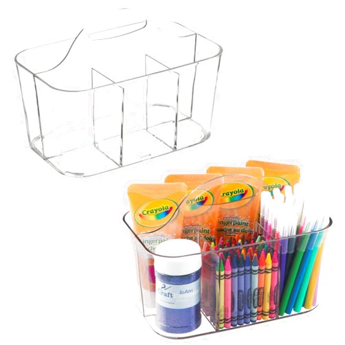 mDesign Plastic Portable Craft Storage Organizer Caddy Tote, Divided Basket Bin with Handle for Crafts, Sewing, Art Supplies - Holds Brushes, Colored Pencils - Lumiere Collection - 2 Pack - Clear