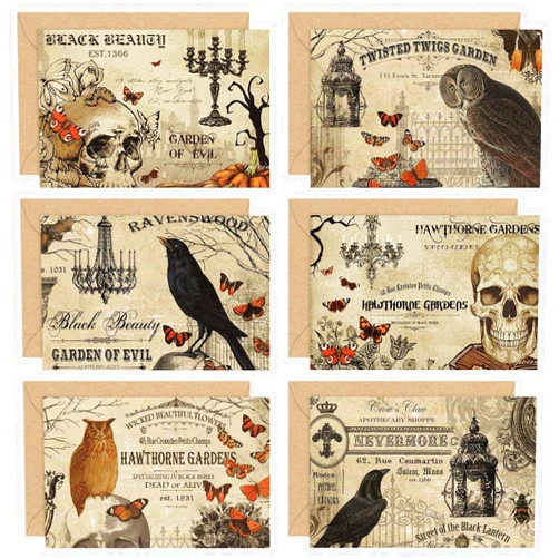 Whaline 36 Pack Halloween Greeting Cards Vintage Owl Crow Skull Blank Note Cards with Envelopes Stickers for Party Invitation Supplies, 4 x 6 Inch