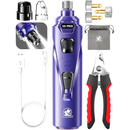 LOPSIC Dog Nail Grinder with 2 LED Lights Powerful 2-Speed Dog Nail Trimmers with 3 Grinding Wheels Super Quiet Rechargeable Pet Dog Nail Clippers Kit for Large Medium Dogs Cats Small Animal Nail Care