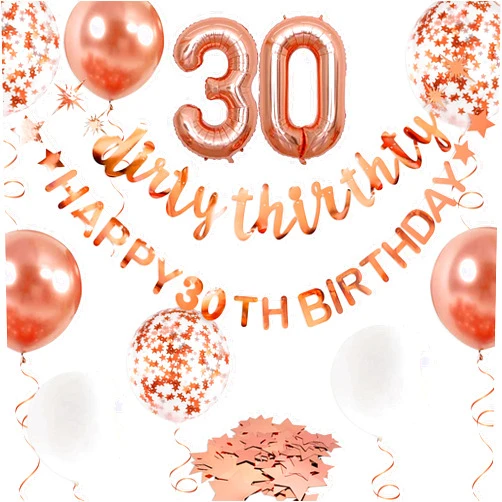 Pinkblume Rose Gold Dirty Thirty Happy 30th Birthday Banner Garland Foil Balloon 30 for Womens 30th Birthday Decorations Hanging Dirty Thirty 30 Year Old 30 Fabulous Birthday Party Supplies Backdrop for Her