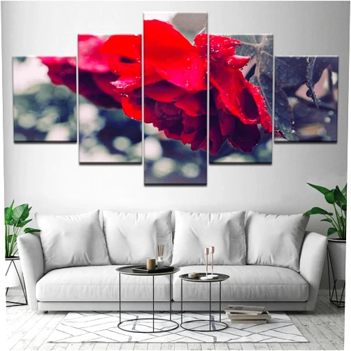 ASATTI 5 Pieces Canvas Prints Wall Art Beautiful Red Flowers Gray Background Nature Landscape HD Painting For Modern Home Living Room Bedroom Office Wall Decoration Space Decor Room Posters Framed