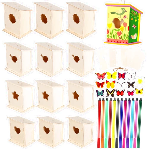 Outus 12 Pcs Wooden Birdhouse Craft Kits to Build, 4 Shapes Wooden Unfinished Bird House with Watercolor Pen and Butterfly Sticker for Boy and Girl Arts and Crafts Bulk Painting Kits (Stylish Style)