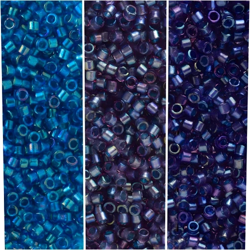 Miyuki Delica Seed Beads Bundle: Size 11/0, Blue Inside Color Lined Palette Collection DB2385, DB2386, DB2387