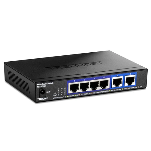 TRENDnet 6-Port 10G Switch, 4 x 2.5G RJ-45 BASE-T Ports, 2 x 10G RJ-45 Ports, 60Gbps Switching Capacity, Wall Mountable, 10 Gigabit Network Connections, Lifetime Protection, Black, TEG-S762