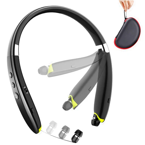 BEARTWO Bluetooth Headphones, Upgraded Foldable Wireless Neckband Headset with Retractable Earbuds, Noise Cancelling Stereo Earphones with Mic for Workout, Running, Driving (with Carry Case)