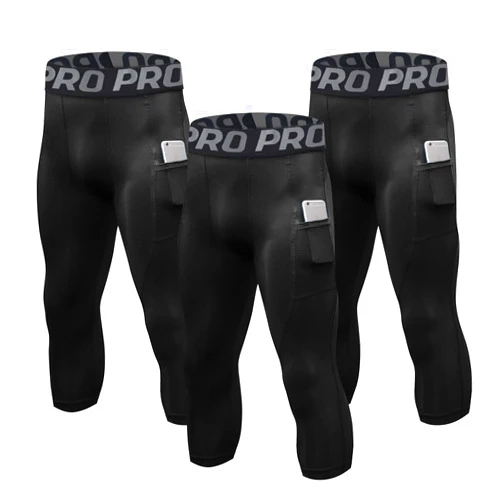 LANDUNSI 3 Pack Mens 3/4 Compression Pants Basketball Running Tights with Pockets Athletic Leggings for Sports Baselayer