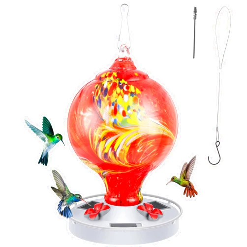 Petbank Solar Powered Hummingbird Feeders for Outdoors, 33OZ Glass Hummingbird Feeders with 3 Feeding Port, Hand Blown Glass Hummingbird Feeder with Solar Light, for Outdoors Hanging Bird Lover