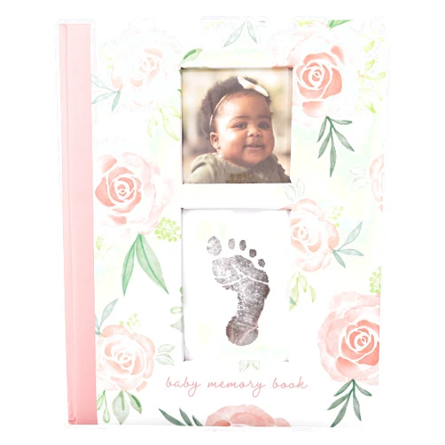 Little Blossoms Floral Baby Memory Book, First 5 Years Baby Milestone Book, Pregnancy Journal, Gender Neutral Newborn Keepsake, Ink Pad For Baby's Handprint or Footprint, Pink Rose