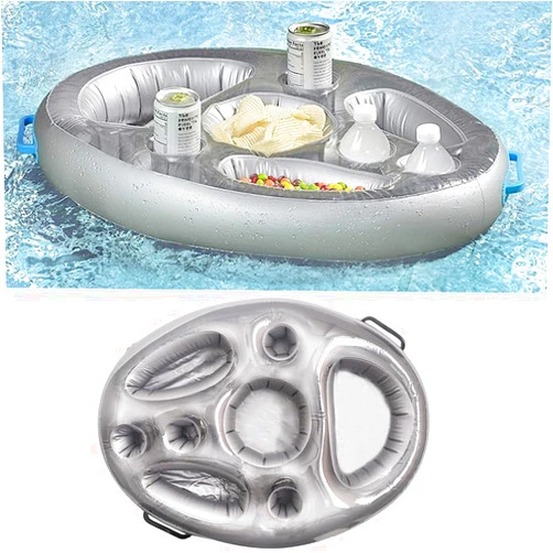 Qtopun Floating Drink Holder, Qtopun Inflatable Pool Drink Float Tray with 8 Holes Large Capacity Swimming Pool Cup Holders Pool Drinking Cooler for Drinks Beer Wine Food Fruit - Silver