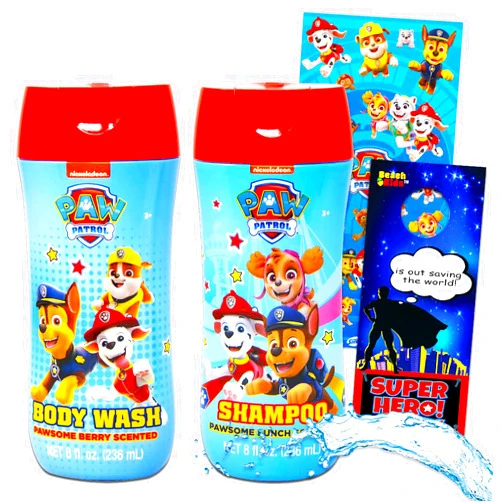Nick Shop Paw Patrol Bathroom Set for Kids, Toddlers -- 4 Pc Paw Patrol Accessories Bundle with Shampoo, Body Wash, 300 Stickers, and More (Paw Patrol Bath Toys and Decor) Paw Patrol Bath Set