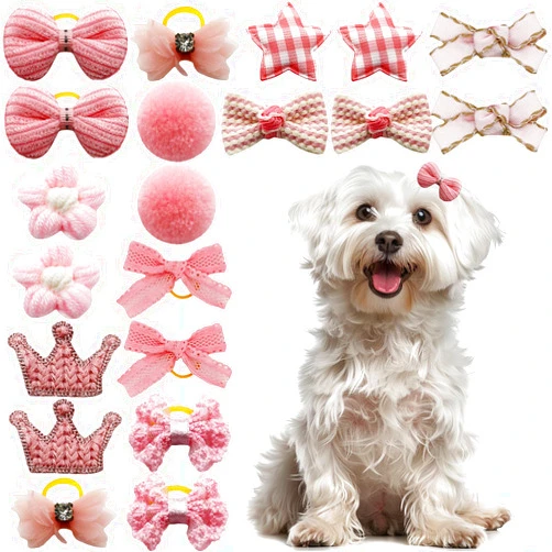 YCHZ 20pc Pink Dog Hair Bows with Rubber Bands, Bowknot Top Knot Grooming Flower Ball Bows Hair Accessories for Pet Puppies Yorkie Teddy Pink Small Dog Hair Accessories (Pink)