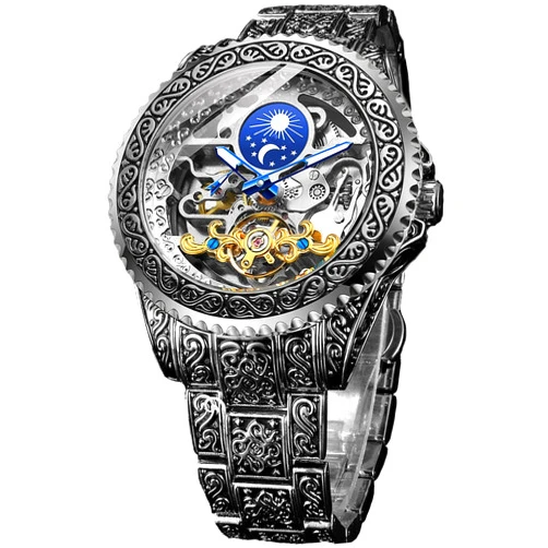 FORSINING Retro Watch for Men Carved Self-Wind Mechanical Tattoo Tourbillon Moon Phase Independent Seconds Skeleton Automatic Big Dial Wrist Watches