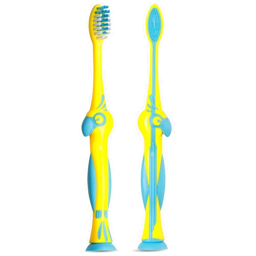 Trueocity Safari Kids Toothbrush, 2-Count, Soft Rubber Handle, Ages 2-4, Reusable, Yellow & Blue, Travel Case Included