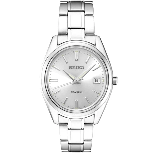 Seiko SUR369 Watch for Men - Essentials - Silver Dial with Sunray Finish, Date Calendar, Titanium Case & Bracelet, Sapphire Crystal, and 100m Water Resistant