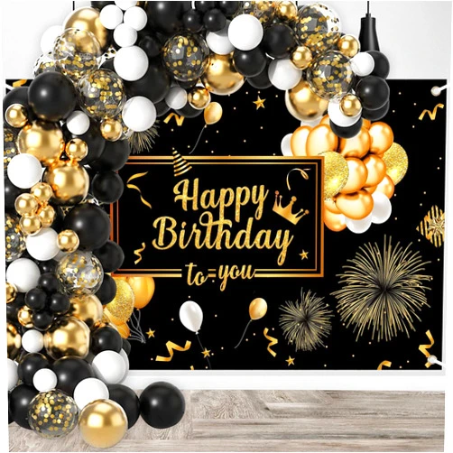 Ledander 55 Pieces Birthday Decorations for Boys Black Gold Balloons Garland Arch Kit with Happy Birthday Photography Backdrop Banner, Birthday Party Decoration Supplies for Men Women (Black Gold)